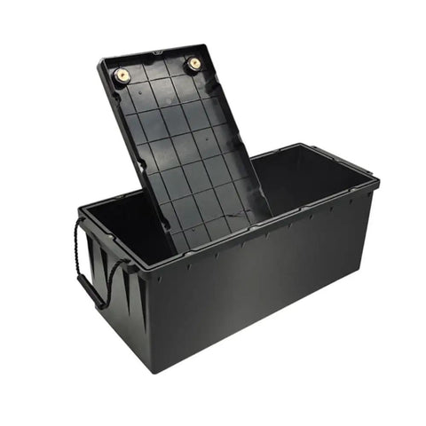 Heavy Duty Abs Lithium Battery Enclosure Box With Solid Screw Mounts And Plenty Of Room For Rolling Your Very Own Custom Energy Setup Today, open view showing interior.