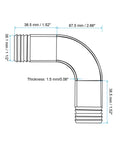 Heavy Duty One And A Half Inch 90 Degree Hose Barb Fitting Stainless Steel 304 Elbow Connector For Pneumatic And Hydraulic Systems Universal Barbed Adapter 38.1 mm Od One Piece, side view with dimensions