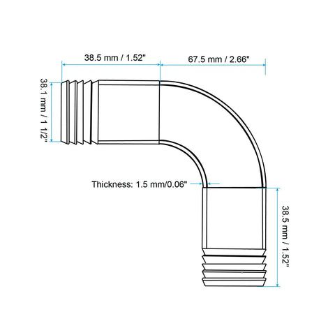 Heavy Duty One And A Half Inch 90 Degree Hose Barb Fitting Stainless Steel 304 Elbow Connector For Pneumatic And Hydraulic Systems Universal Barbed Adapter 38.1 mm Od One Piece, side view with dimensions