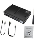 Portable Mini UPS Backup Power Supply For Routers And Wifi Modems 5V 9V 12V Outputs with cables, manual, and screwdriver.