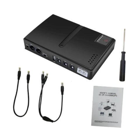 Portable Mini UPS Backup Power Supply For Routers And Wifi Modems 5V 9V 12V Outputs with cables, manual, and screwdriver.