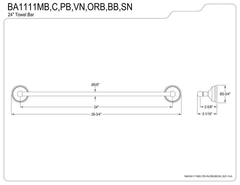 Diagram of Victorian 4-Piece 24-Inch Towel Bar Set in Brushed Nickel with measurements for traditional bathrooms.