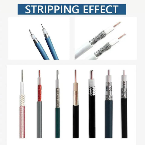 Automatic Coaxial Cable Wire Stripper Machine With Lcd Touch Screen And Precision Ball Screw For Effortless Rf Antenna Stripping showing different stripping effects on coax cables.