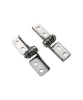 Two stainless steel damping hinge components with adjustable torque pivots and mounting plates