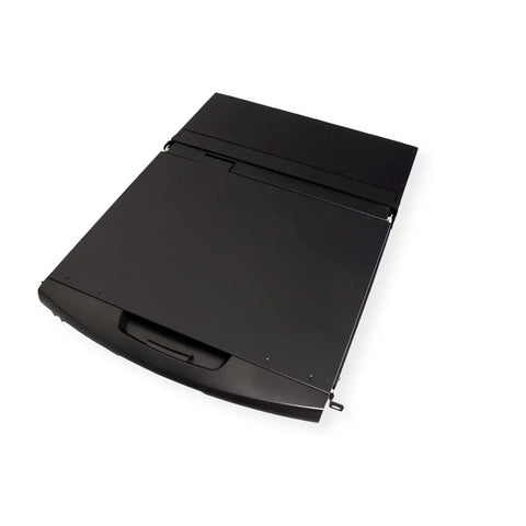 Professional Grade 19 Inch Rackmount Kvm Console Featuring 8 Port Switch, slim black cabinet with sliding tray.