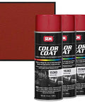 Front view of three SEM Color Coat spray cans in Portola Red, 12 oz each, with red leather-textured swatch.