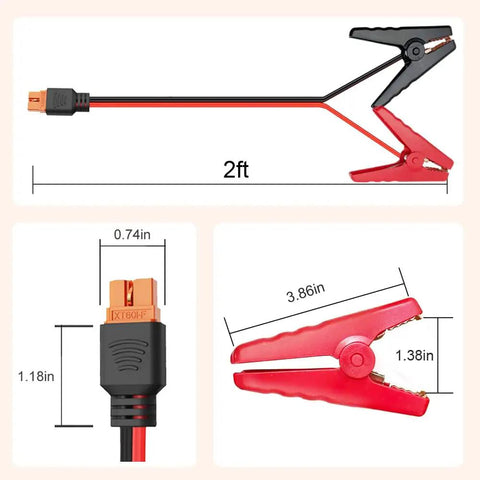 XT60i To Alligator Clip Cable 10AWG Extension, XT60i Female Connector, 8A Plus High Current LiPo RC Battery, 2ft cable measurements