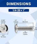 Diagram showing dimensions of Beefy Stainless Steel Binding Screw And Nut Kit For Quick Builds, 1/4-20 X 1 Inch Flat Head Screws.