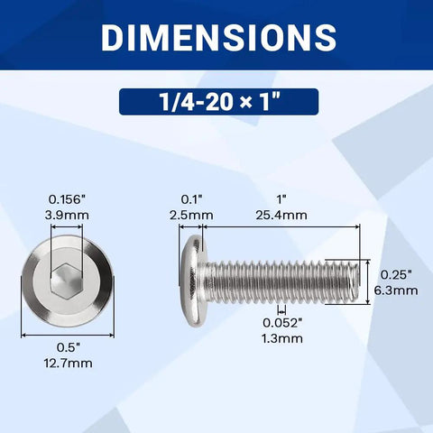 Diagram showing dimensions of Beefy Stainless Steel Binding Screw And Nut Kit For Quick Builds, 1/4-20 X 1 Inch Flat Head Screws.