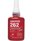 Front view of red Loctite 262 Threadlocker bottle, high-strength adhesive for metal fasteners, preventing vibration loosening.