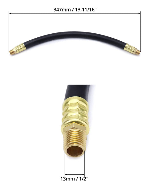 Heavy Duty Rubber Air Compressor Hose 3 8 Inch Core With Solid Brass Fittings 15 Inch Long showing 1 2 inch end fitting.