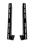 Front view of two black powder-coated steel amplifier rack rails with slotted sides and bottom mounting brackets.