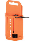 Utility Knife Blade Dispenser With Fifty Triple Ground Replacement Blades showing orange plastic design with slide dispenser.