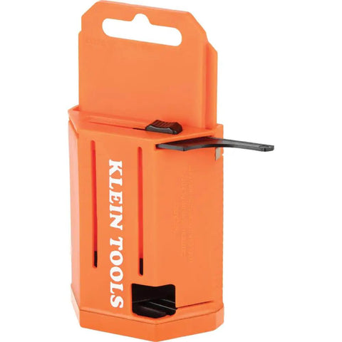 Utility Knife Blade Dispenser With Fifty Triple Ground Replacement Blades showing orange plastic design with slide dispenser.