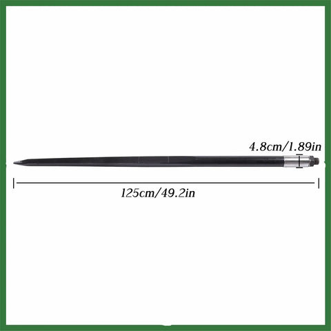 Beefy Heavy Duty Two Pack 49 Inch Hay Bale Forks For Tractor Loaders With 4500 Pound Capacity side view with measurements