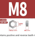 Front view of M8 stainless steel hex nut with double-ended stud; shows right and left-handed threads