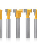 Five Piece T Slot Router Bit Set For T Track Grooving With Tough Carbide Cutters, C3 carbide 6.35mm shank, ideal for clean cuts.