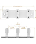 Sliding Barn Door Floor Guide For Double Bypass Doors With Adjustable Three Roller System in white, front and side view measurements