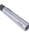 Side view of silver Morse reducing adapter drill sleeve MT2 to MT1 taper shank.