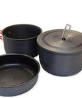 Three Piece Hard Anodized Camping Cook Set With Lids Nonstick Fry Pan Foldable Handle And Two Pots Mesh Carrying Bag