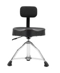 Solid As A Rock Drum Throne Stool With Plush Memory Foam Backrest showing 360 swivel seat and chrome steel frame