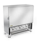 Straight Shooter Commercial Milk Dispenser With Heavy Duty Three Valve Pour Spout And Quick Lock Six Gallon Beverage Crates Crafted For Busy Restaurants That Runs Flawless With Zero Drama Or Hassle Daily, stainless steel design with three pour spouts.