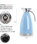 Blue 68 Oz Stainless Steel Coffee Carafe With Double Wall Vacuum Insulation, 2 Liter Capacity, shown with dimensions and spout detail.