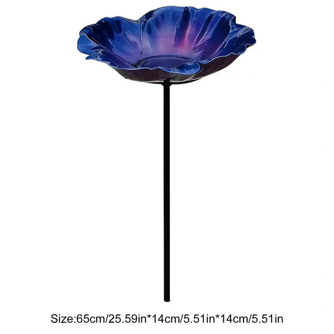 Handmade Metal Flower Garden Stake With Bird Bath And Bee Watering Station Totally Pollinator Friendly Yard Decor, shown from front