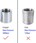 Heavy Duty 304 Stainless Steel Pipe Coupling 1.25 Inch F NPT To F NPT Threaded Connector comparison with forged vs cast.