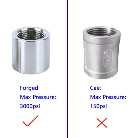 Heavy Duty 304 Stainless Steel Pipe Coupling 1.25 Inch F NPT To F NPT Threaded Connector comparison with forged vs cast.