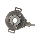 Front view of Incremental Rotary Encoder For Industrial Automation Model 8.5020 with metal housing and input cable connected.