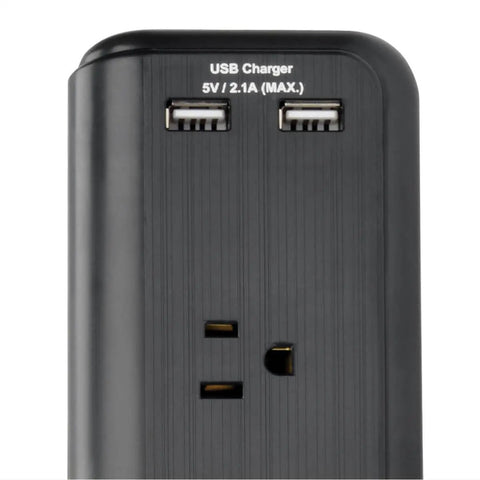 Close-up of black 6-Outlet Surge Protector Power Strip With Desk Clamp Mount 6 Ft Cord 2100 Joules Protection Dual USB Charging