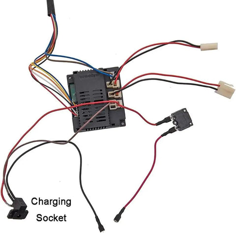 DIY 12V Kids Electric Car Wiring Kit with control box, wires, switch, charging socket for ride-on cars.