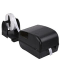 Slick Desktop Heat Transfer Printer For Shipping Labels Offers Fast Four Ips Speed Three Hundred Meter Ribbon Capacity showing printer with label roll.