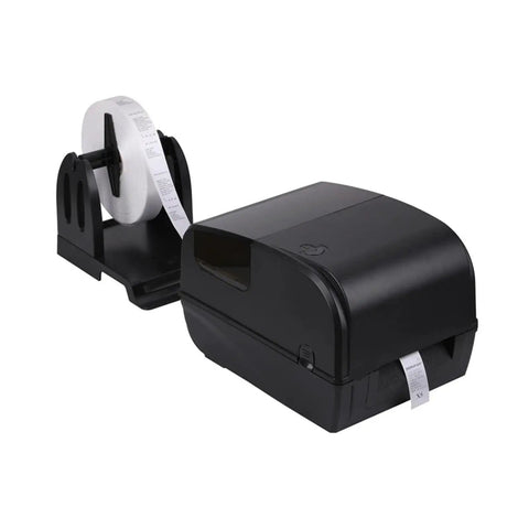 Slick Desktop Heat Transfer Printer For Shipping Labels Offers Fast Four Ips Speed Three Hundred Meter Ribbon Capacity showing printer with label roll.