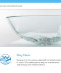 Underside view of a clear glass vessel sink highlighting stain and odor resistance features.