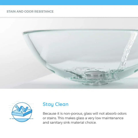 Underside view of a clear glass vessel sink highlighting stain and odor resistance features.