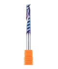 SpeTool single-flute end mill, 1/4 in shank, carbide, blue coating, 3 in, spiral upcut O-flute for aluminum/plastic