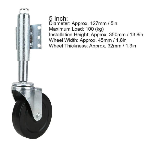 5 Inch Spring Loaded Rubber Door Wheel Caster Built Like A Tank For Zero Hassle Rolling On Rough Outdoors Heavy Duty Universal Gate Roller with silver mounting bracket