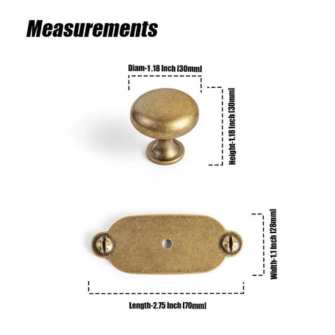 Antique Brass Zinc Alloy Cabinet Knob With Backplate Single Hole Center Mount dimensions shown with measurements