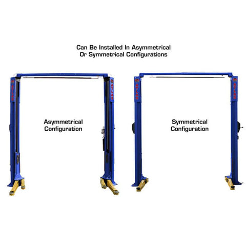 Pro Shop Workhorse Two Post Vehicle Overhead Lift Featuring Double S Shape Columns And Smooth Power Pump showing asymmetrical and symmetrical configurations.