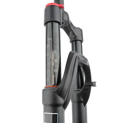 Close-up of 100mm Travel Threadless Front Suspension Fork for 27.5 inch mountain bikes with disc brake compatibility, showing pneumatic design.
