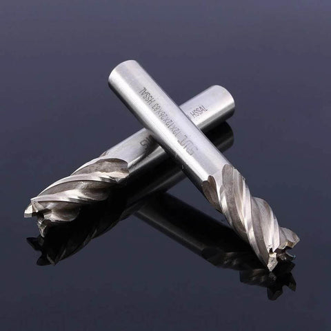 Two silver 4-flute HSS end mill bits with straight shanks for CNC routing.