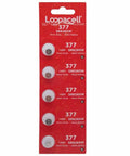 Professional Silver Oxide Watch Batteries 377 376 SR626W SR626SW 1.55V Coin Cell Pack Of Five on a red packaging.