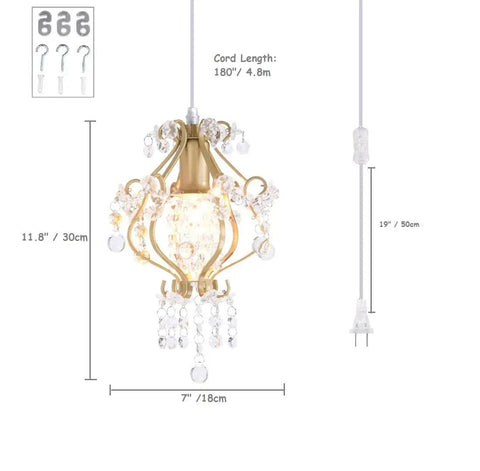 Gold Crystal Pendant Chandelier Plug In With Inline On Off Switch, 180 Inch Cord, No Assembly Required, 60W E12 Bulb Not Included