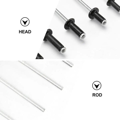 Close-up of black aluminum blind rivets set with standard head size and smooth finish from 120 Pcs DIY Ready Rivet Kit for furniture appliances.