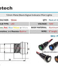 Two Pack 12mm 120V AC LED Indicator Pilot Dash Light, Black Bezel, Aluminum Body, five color options, diagram and product features.