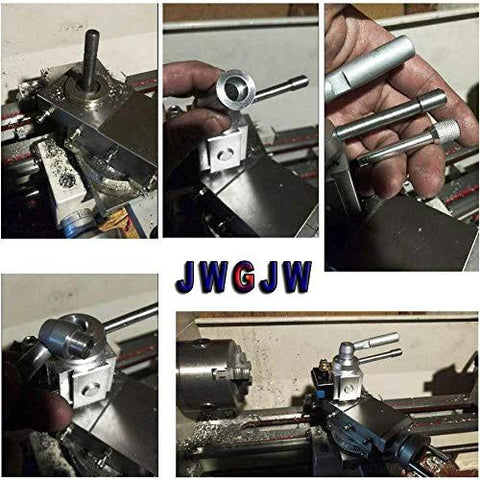 Mini lathe quick-change tool post (JWGJW 120034) on metal lathe; tool holder with mounting bolts.