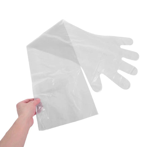 Didiseaon 150 Count Disposable Veterinary Long Sleeve Gloves With Extended Arm Length For Animal Handling Injections And Procedures displayed in hand.
