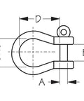 Diagram of Heavy Duty 316 Stainless Steel Bow Shackle 3/16 Inch Screw Pin Rigging Hardware dimensions for marine use.